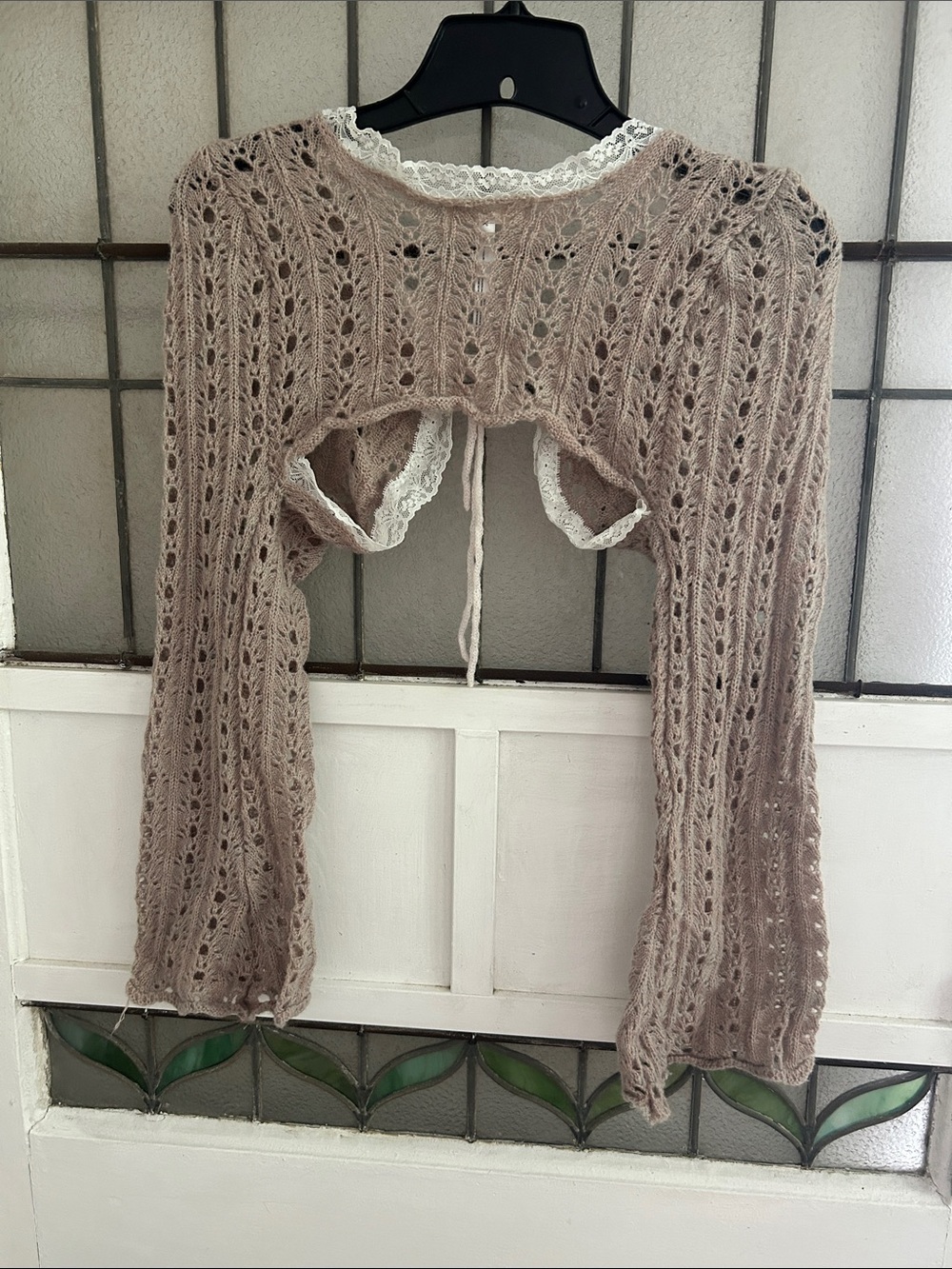 Urban Outfitters Taupe Crochet Tie-Front Shrug with Cream lace Trim - Picture 6 of 6